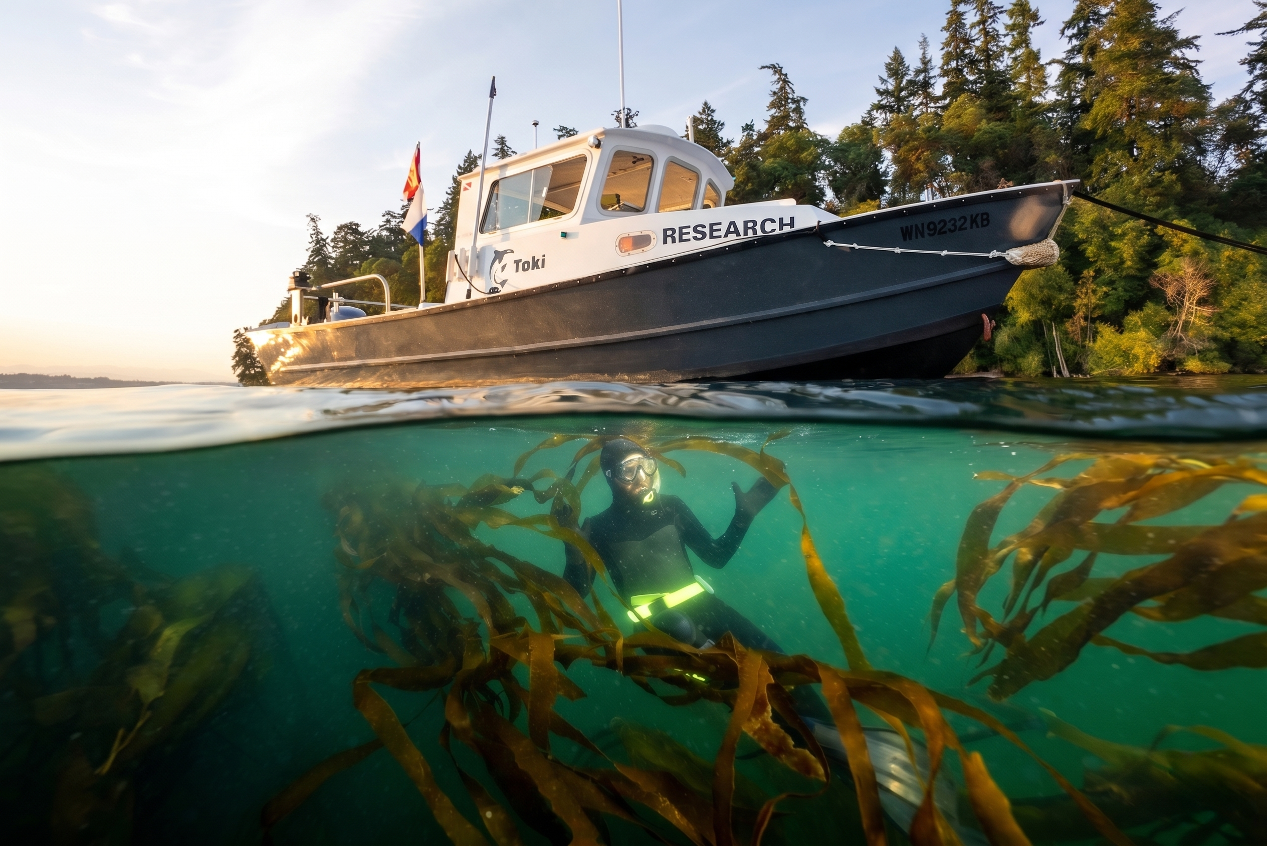 kelp-toki work | Sail Bainbridge | Captained Sailing Adventures | Bainbridge Island | Seattle Powerboat named 'RESEARCH' floats at the waterline with a forested shoreline in the background; an underwater diver swims through brown kelp below the surface.