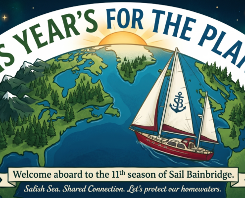 Illustrated Earth with a sailing boat, stars, and the banner text "THIS YEAR'S FOR THE PLANET!"