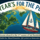 Illustrated Earth with a sailing boat, stars, and the banner text "THIS YEAR'S FOR THE PLANET!"
